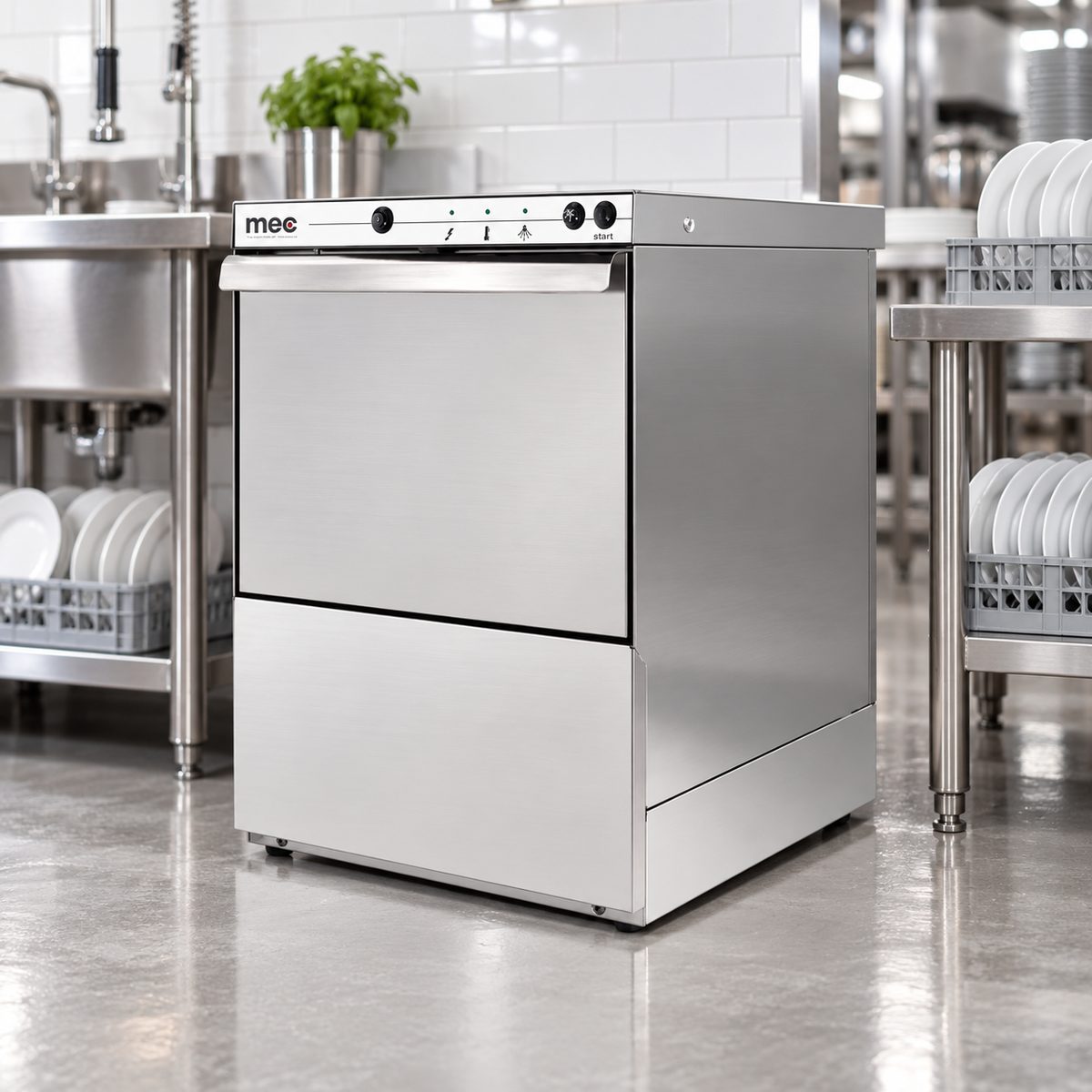 MEC T400 Commercial Glass Dishwasher – 400×400mm Rack, Peristaltic Dosing Pump, AISI 304 Stainless Steel | Made in Italy