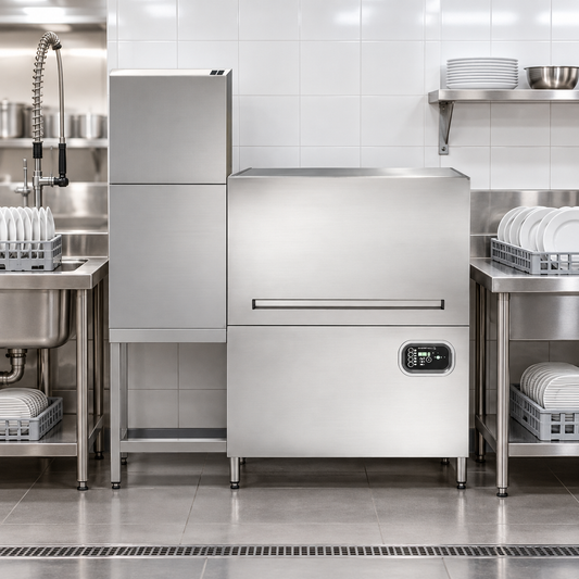 Comenda AC2 Rack Conveyor Dishwasher with AS6 Heated Blower Dryer – Up to 100 Racks/Hour | Made in Italy
