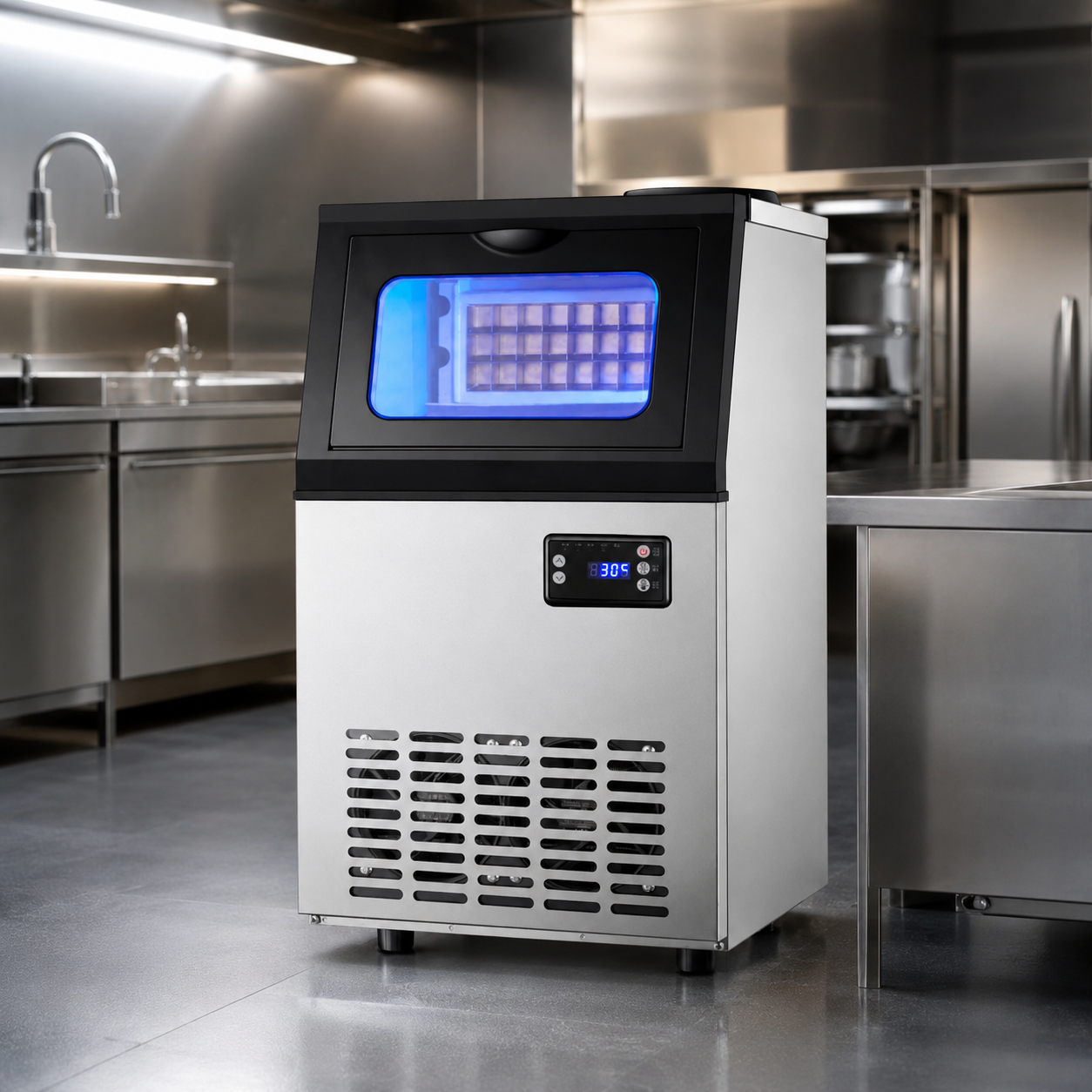 Bottled Water or Tap Water Ice Maker Machine, 40-50kg in 24H Stainless Steel Under Counter ice Machine with 17.6lbs Ice Storage Capacity, Freestanding Ice Maker.