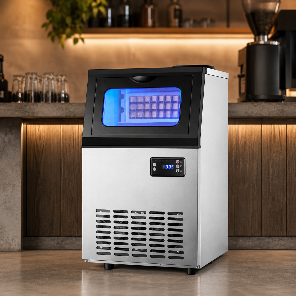 Bottled Water or Tap Water Ice Maker Machine, 40-50kg in 24H Stainless Steel Under Counter ice Machine with 17.6lbs Ice Storage Capacity, Freestanding Ice Maker.
