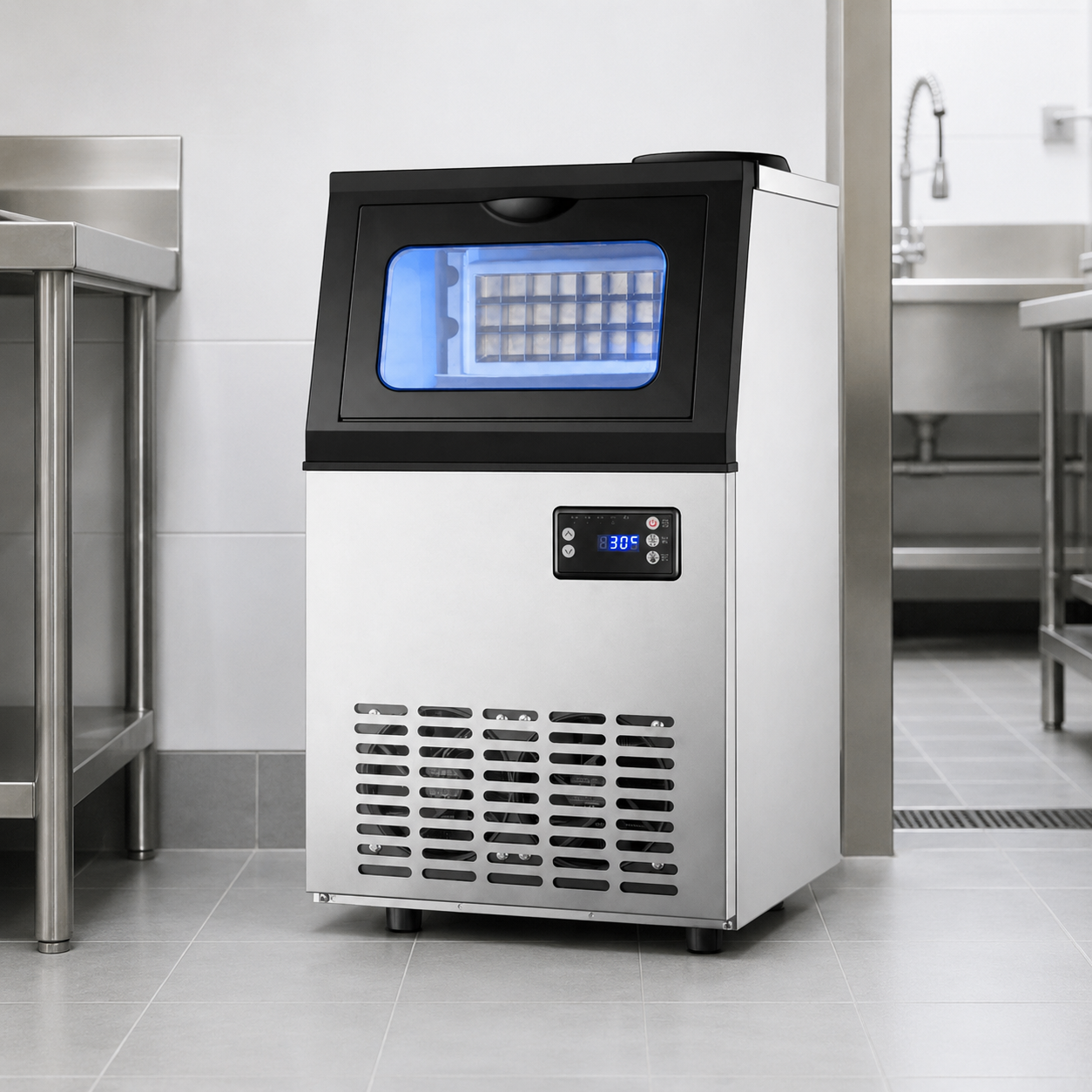 Bottled Water or Tap Water Ice Maker Machine, 40-50kg in 24H Stainless Steel Under Counter ice Machine with 17.6lbs Ice Storage Capacity, Freestanding Ice Maker.