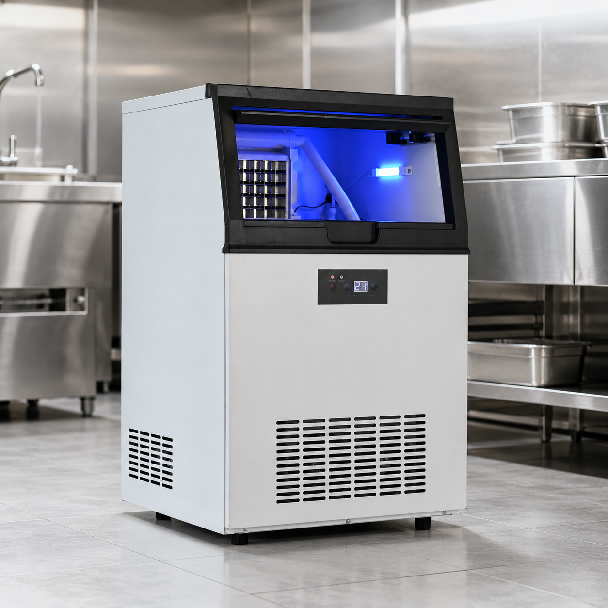 Integrated Ice Maker Machine, 100-110KGS/24H Stainless Steel Under Counter ice Machine with 15KGS Ice Storage Capacity, Freestanding Ice Maker