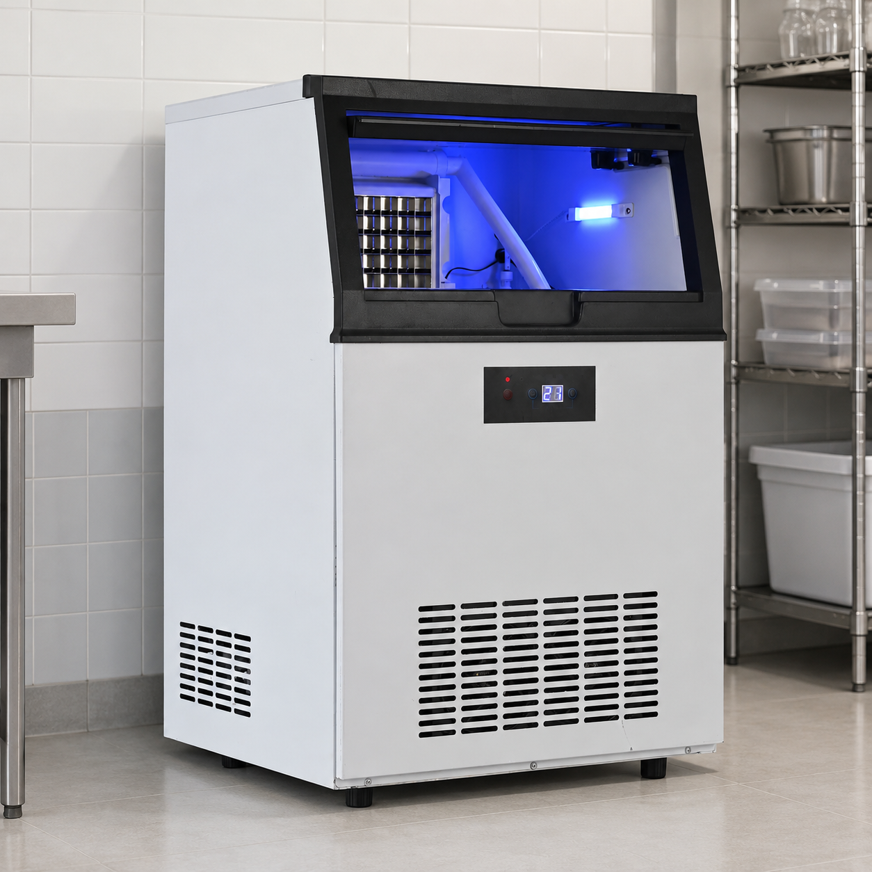 Integrated Ice Maker Machine, 100-110KGS/24H Stainless Steel Under Counter ice Machine with 15KGS Ice Storage Capacity, Freestanding Ice Maker
