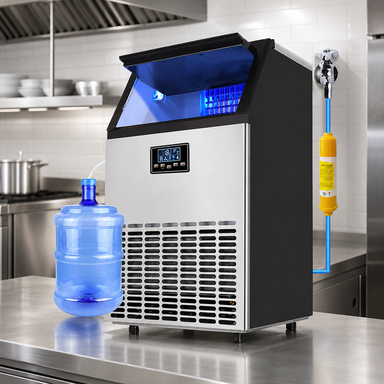 Coolbaby Commercial lce Maker lce Machine Self Clean, 66 Cubes per Batchin 11-18 Minutes 80 KG/24H,15KG Storage Bin, Advanced LCD Panel