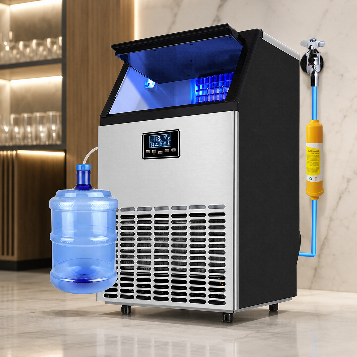 Coolbaby Commercial lce Maker lce Machine Self Clean, 66 Cubes per Batchin 11-18 Minutes 80 KG/24H,15KG Storage Bin, Advanced LCD Panel