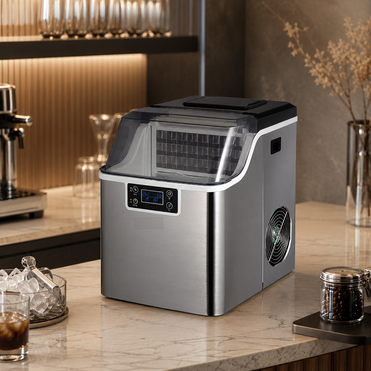 Countertop Ice Maker Machine 30KG/24H – Stainless Steel Square Ice Maker with LCD Display, 24 Cubes per Cycle & Multiple Water Supply Options