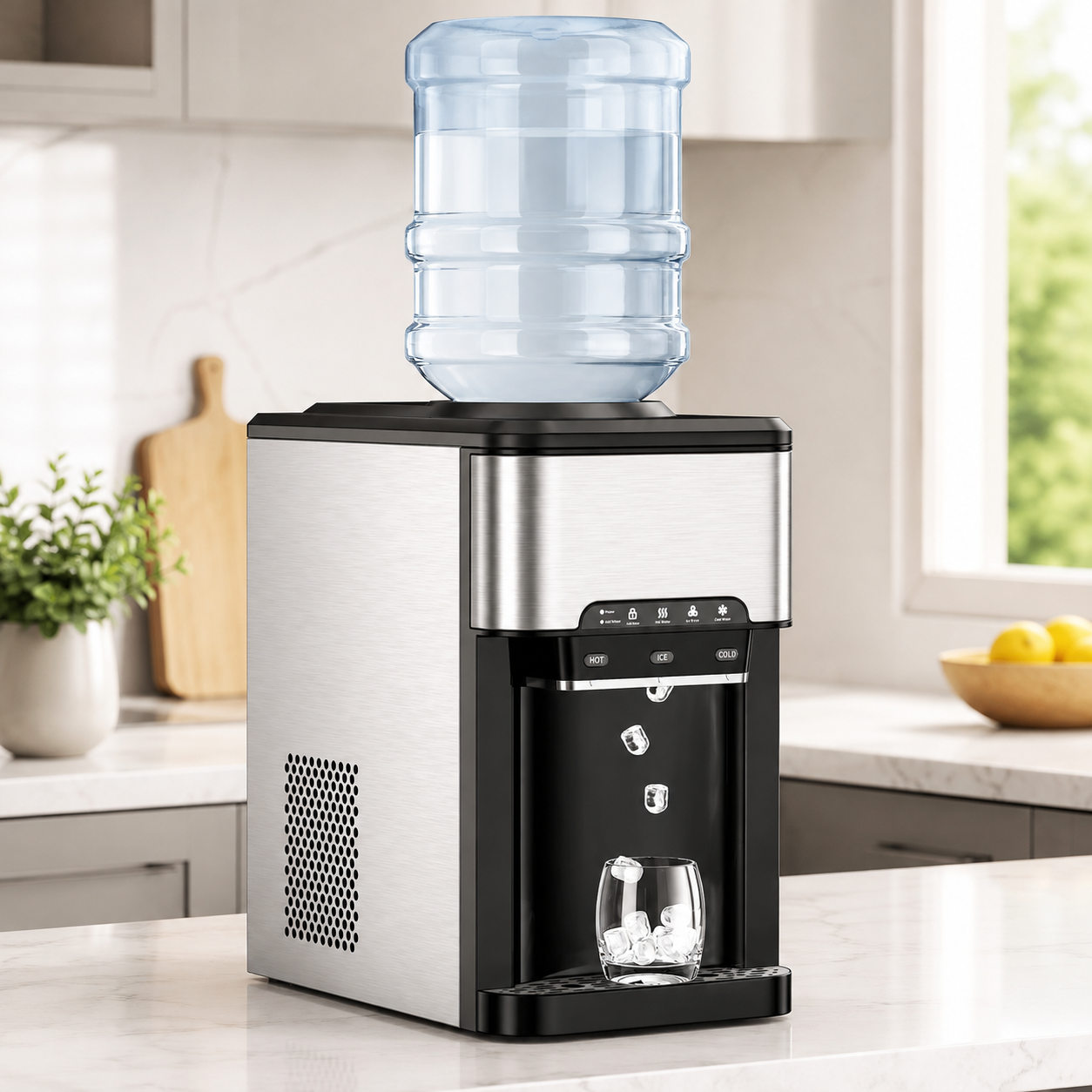 COOLBABY 3-in-1 Countertop Water Dispenser with Ice Maker – Hot & Cold Water, 12 Ice Cubes per Cycle, 3–5 Gallon Top Loading, Stainless Steel HK-25YLR