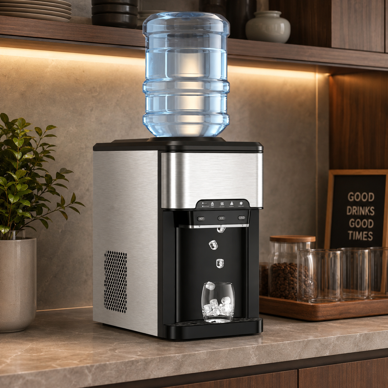 COOLBABY 3-in-1 Countertop Water Dispenser with Ice Maker – Hot & Cold Water, 12 Ice Cubes per Cycle, 3–5 Gallon Top Loading, Stainless Steel HK-25YLR