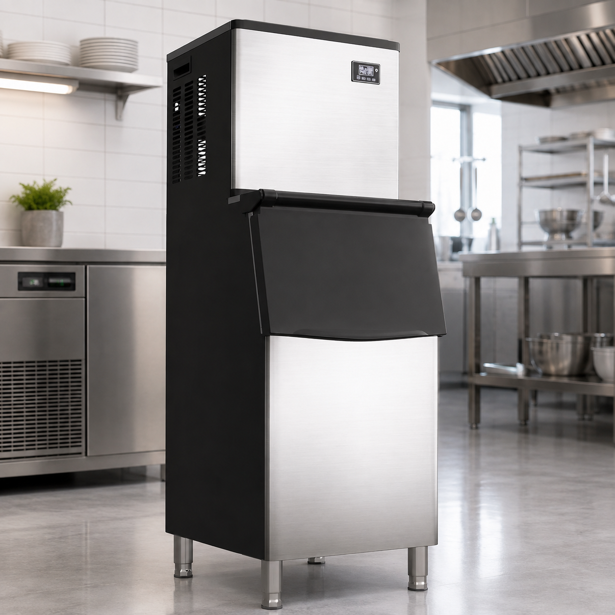 Commercial Ice Maker Machine 250KG/300KG/350KG per 24 Hours – Freestanding Stainless Steel Ice Machine with 220KG Storage for Restaurants, Cafés, Bars & Hotels