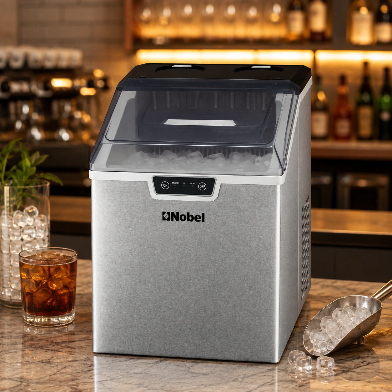 NIM24 Stainless Steel Countertop Ice Maker – 15–18KG/Day Bullet Ice Machine with 2.4KG Storage Bin