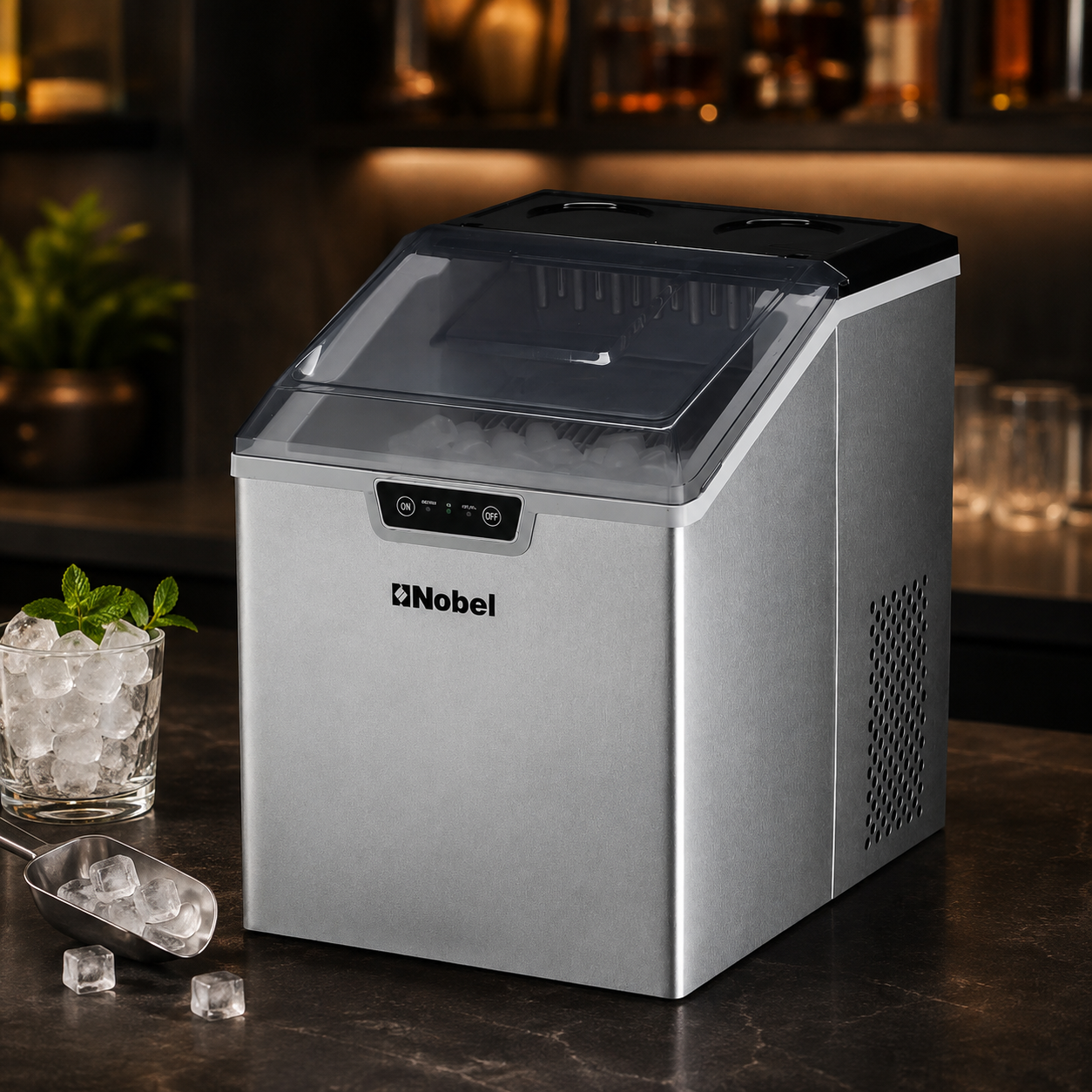 NIM24 Stainless Steel Countertop Ice Maker – 15–18KG/Day Bullet Ice Machine with 2.4KG Storage Bin