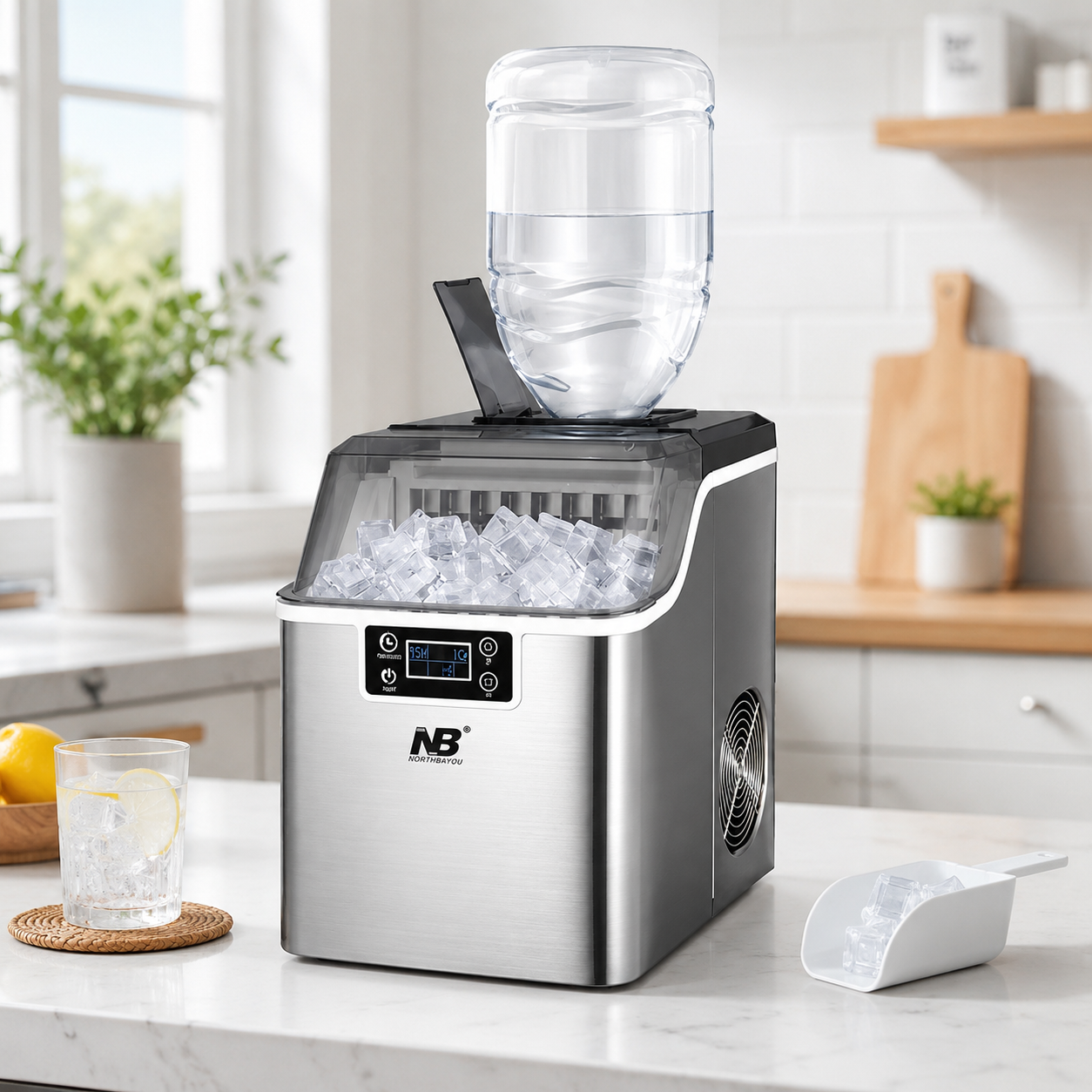 45 lbs/Day Countertop Stainless Steel Ice Maker – 24-Cube Commercial Ice Machine with Self-Cleaning & Adjustable Ice Thickness