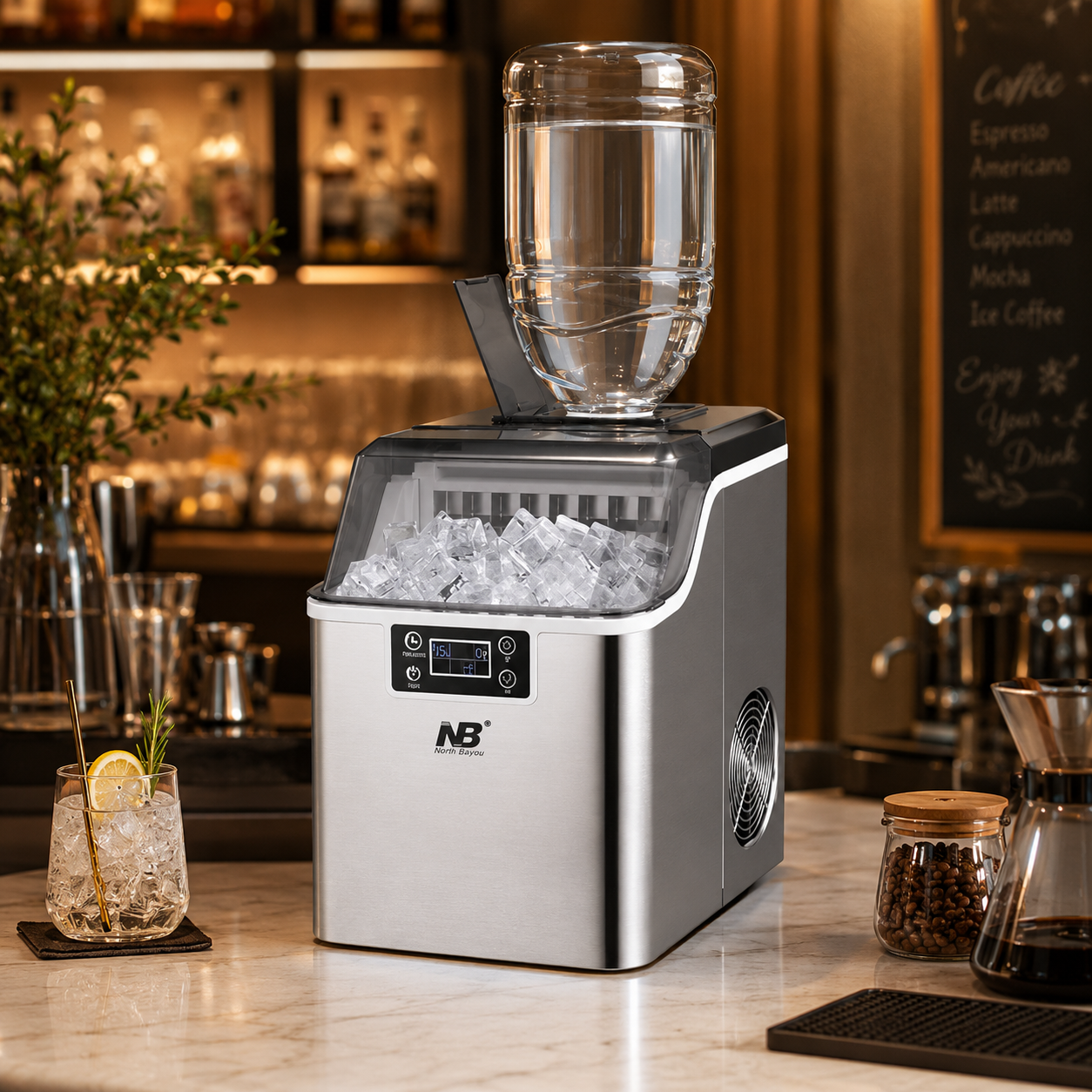 45 lbs/Day Countertop Stainless Steel Ice Maker – 24-Cube Commercial Ice Machine with Self-Cleaning & Adjustable Ice Thickness