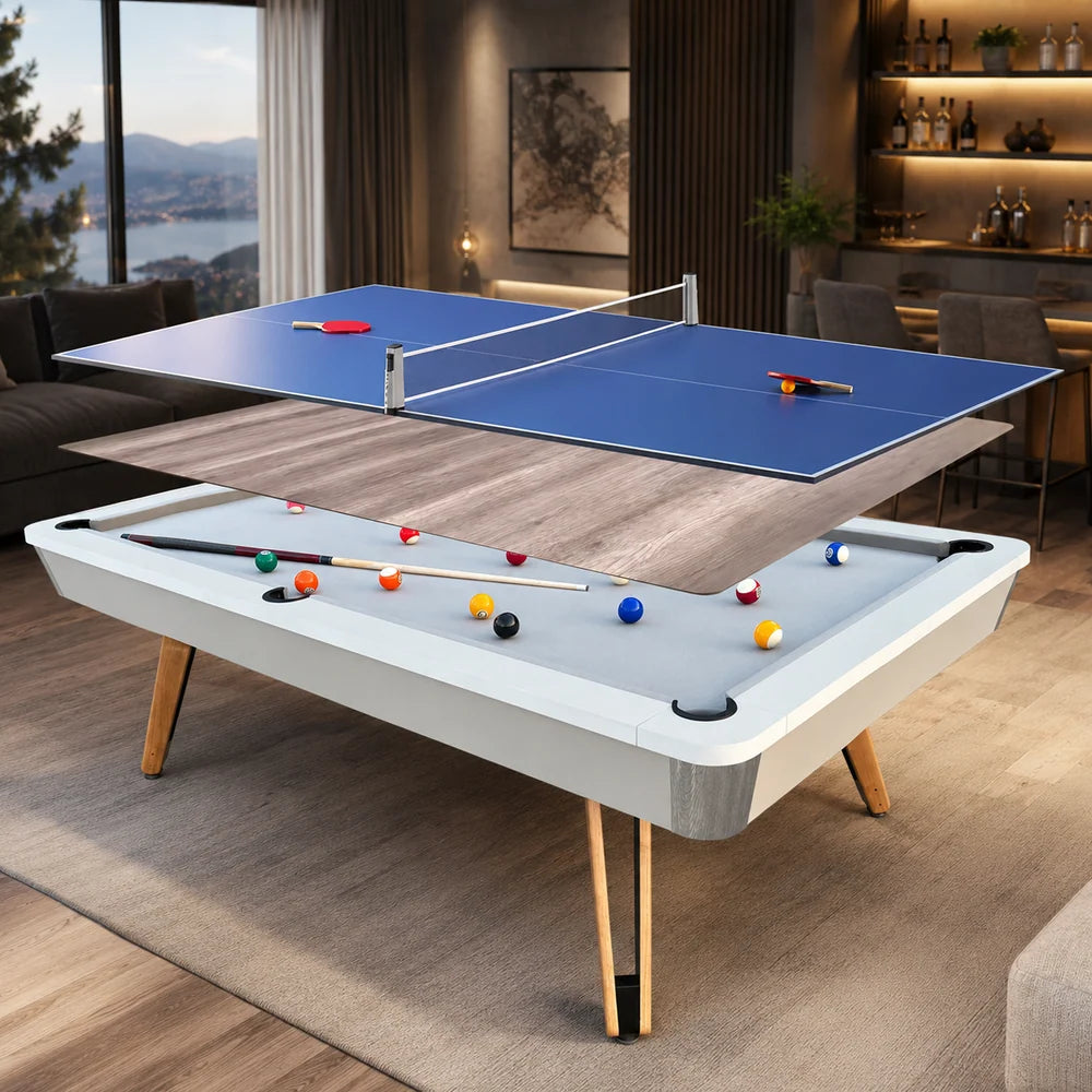8-ft 3 IN 1 Professional Billiard Pool Tables with Full Accessory Pool Table with Table Tennis Top - White with Grey Felt