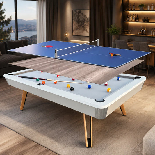 8-ft 3 IN 1 Professional Billiard Pool Tables with Full Accessory Pool Table with Table Tennis Top - White with Grey Felt