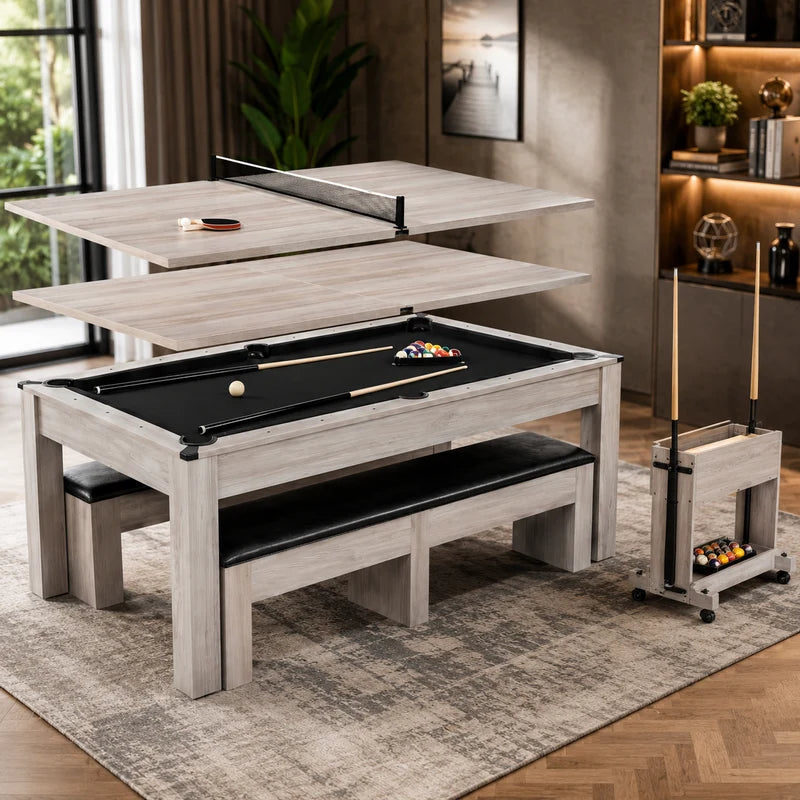 7ft 3-in-1 Convertible Multifunction Billiard Pool Table with Dining Top&Ping Pong Top with Two Stools