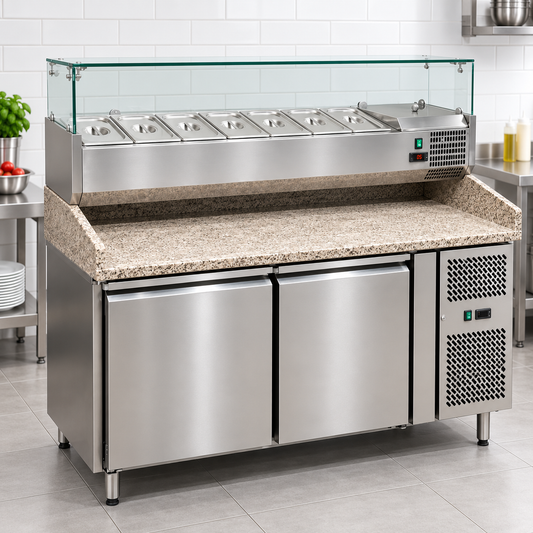 Dinox PZ2600TN 314L Pizza Preparation Refrigerator with Marble Top – 2 Door Commercial Pizza Prep Table | Italian Technology