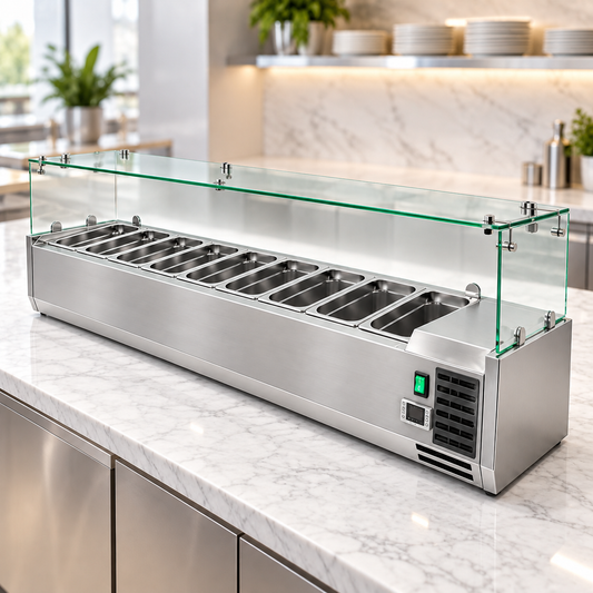 Dinox VRX2000/380FG Refrigerated Salad Bar – 10 × GN 1/3 Glass Top Countertop Prep Station, +2°C to +8°C | Italian Technology
