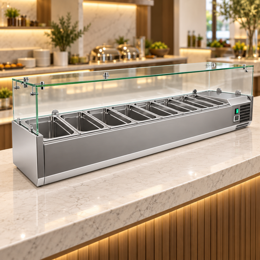 Dinox VRX1800/380FG Refrigerated Salad Bar – 8 × GN 1/3 Glass Top Countertop Prep Station, +2°C to +8°C | Italian Technology