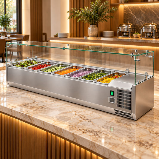 Dinox VRX1500/330FG Refrigerated Salad Bar – 7 × GN 1/4 Glass Top Countertop Prep Station, +2°C to +8°C | Italian Technology