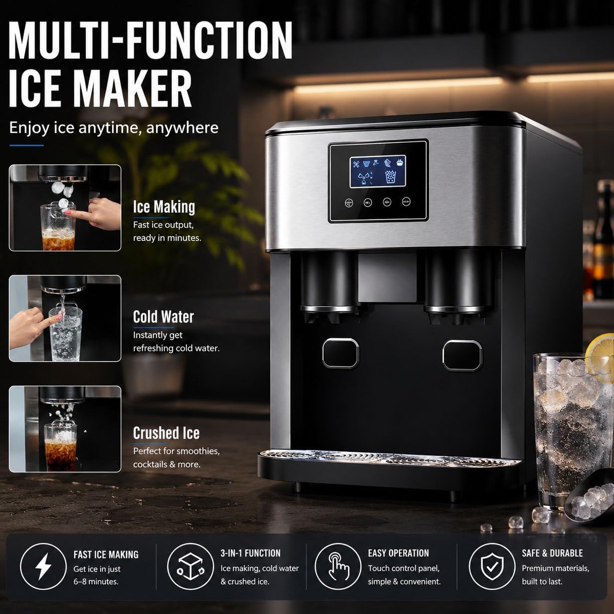 3-in-1 Countertop Ice Maker Machine – Ice Cubes, Crushed Ice & Cold Water Dispenser with Touch LCD