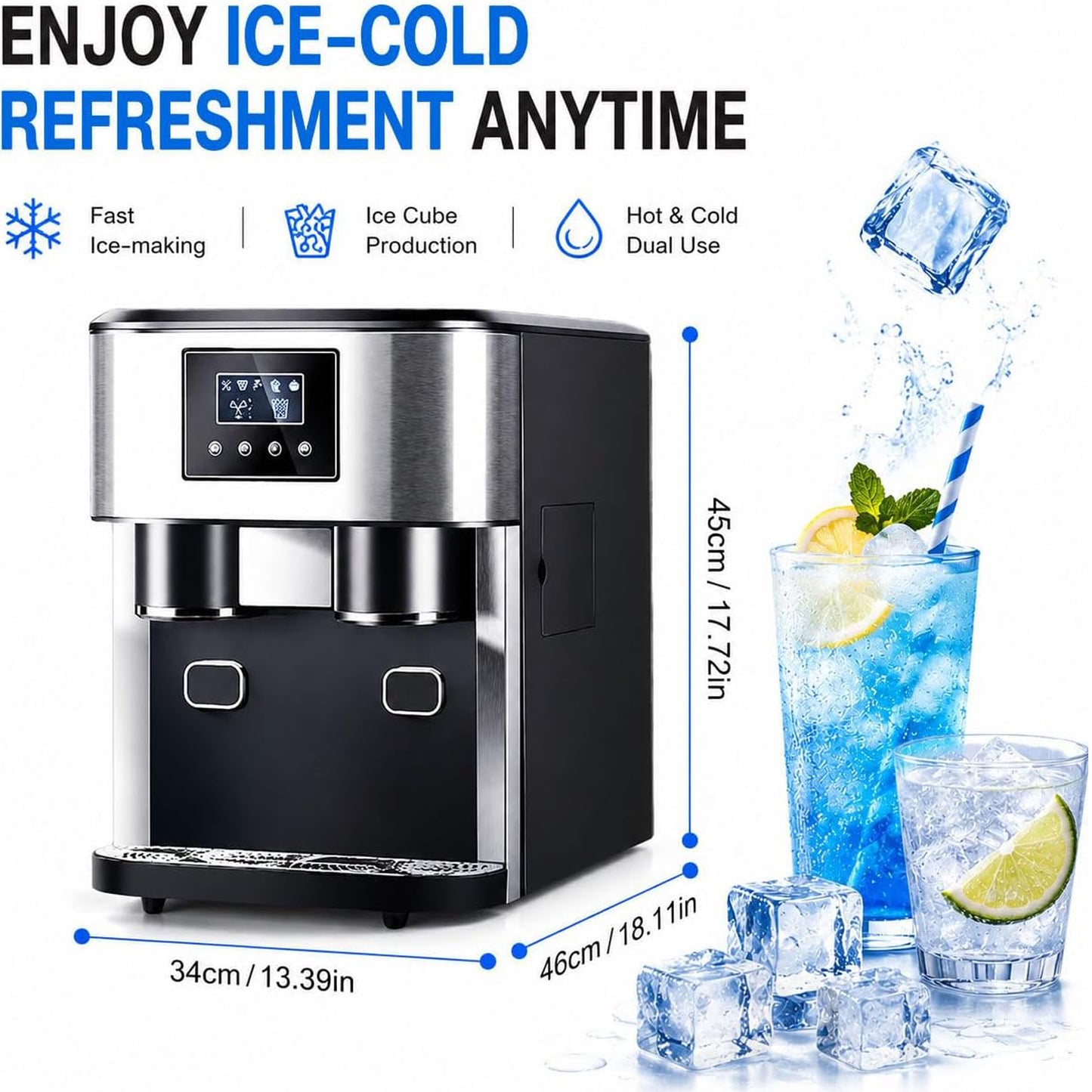 3-in-1 Countertop Ice Maker Machine – Ice Cubes, Crushed Ice & Cold Water Dispenser with Touch LCD