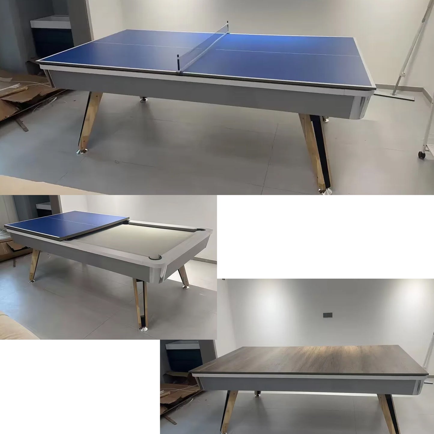 8-ft 3 IN 1 Professional Billiard Pool Tables with Full Accessory Pool Table with Table Tennis Top - White with Grey Felt