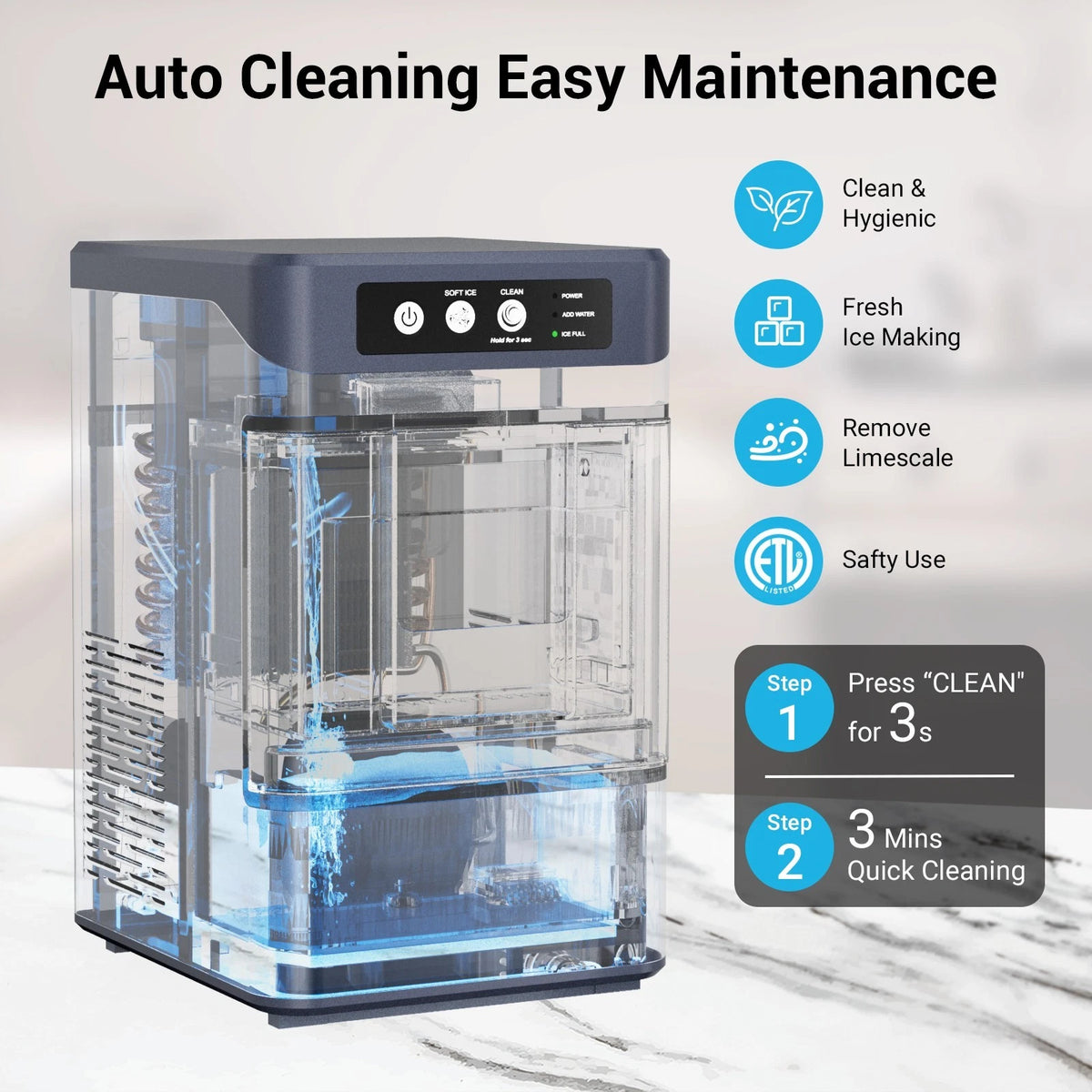 Stainless Steel Self-Cleaning Countertop Ice Maker 38 Lbs 17kg Daily Output Electric for Hotels