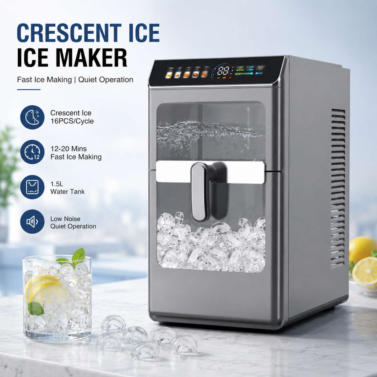 12KG/24H Countertop Crescent Ice Maker Machine with Water Tank, Fast Ice Making, Self-Cleaning Portable Ice Maker