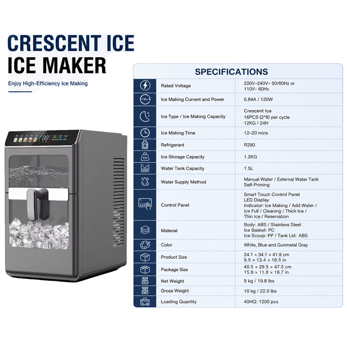 12KG/24H Countertop Crescent Ice Maker Machine with Water Tank, Fast Ice Making, Self-Cleaning Portable Ice Maker