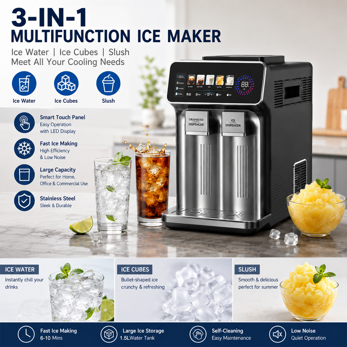 Stainless Steel Multi Functional Ice Maker 3 Functions Cubes Slush Coldwater With Intelligent Large-Screen Digital