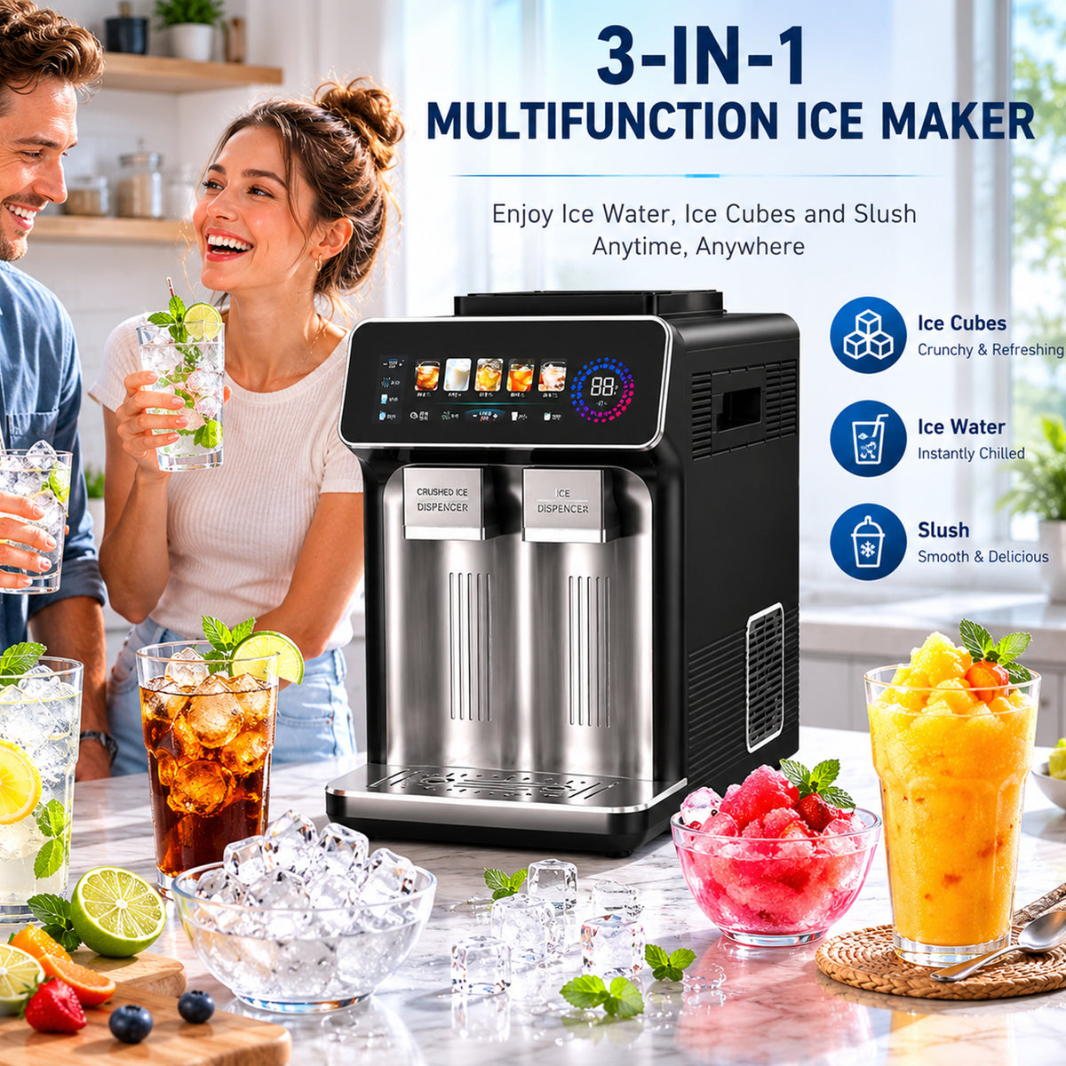 Stainless Steel Multi Functional Ice Maker 3 Functions Cubes Slush Coldwater With Intelligent Large-Screen Digital
