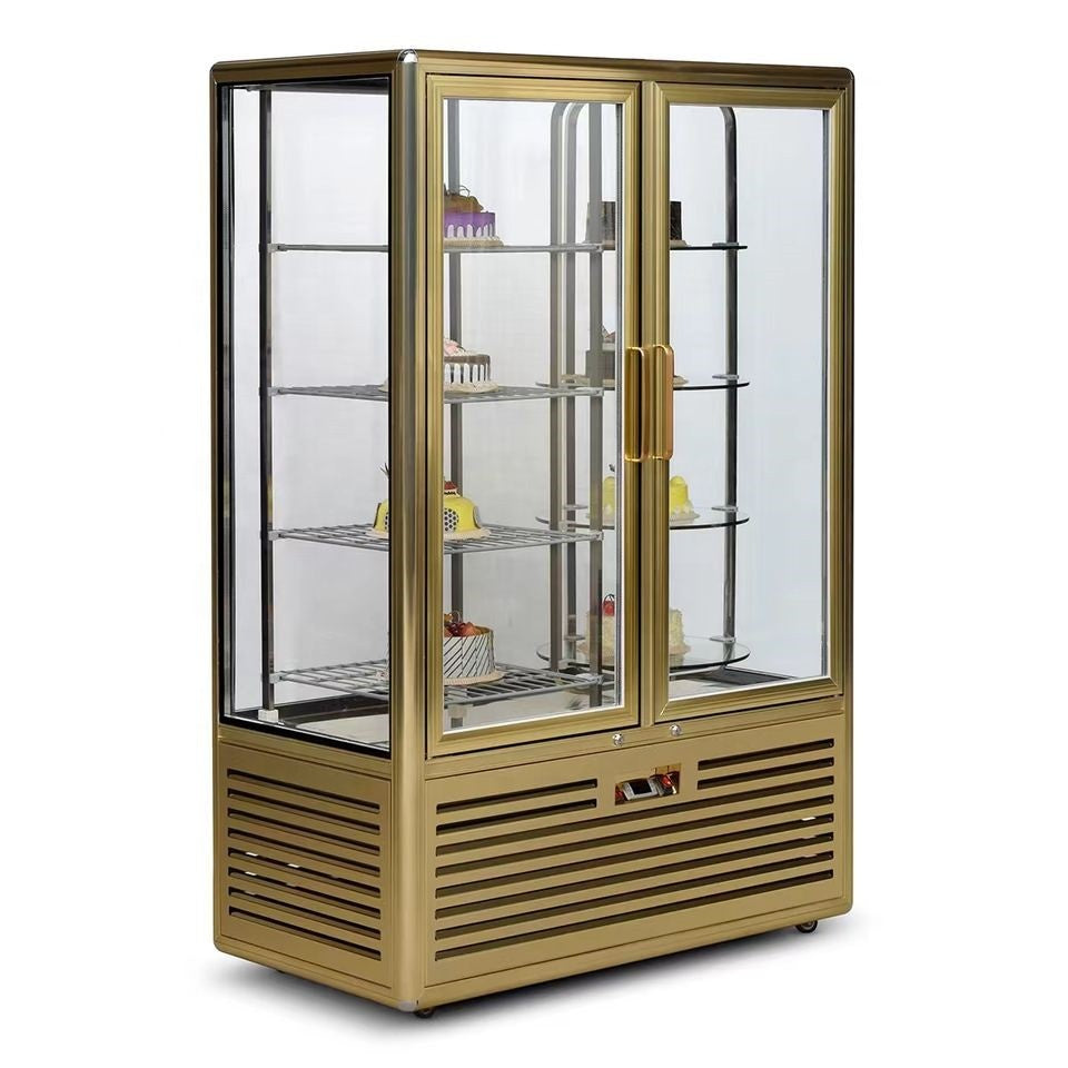 Luxury Black Frame 2 Glass Doors Upright Cake Display Dessert display cooler Refrigerator / Bakery Rotary showcase Cooler 2 Doors Upright Cold Showcase Black Double-Door Cake Cooler