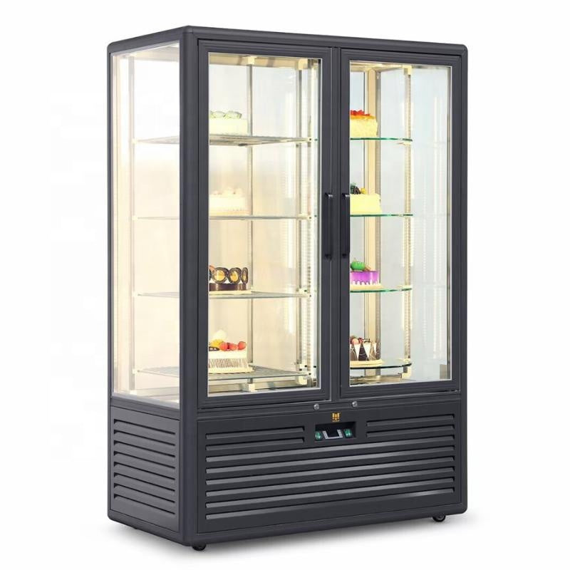 Luxury Black Frame 2 Glass Doors Upright Cake Display Dessert display cooler Refrigerator / Bakery Rotary showcase Cooler 2 Doors Upright Cold Showcase Black Double-Door Cake Cooler