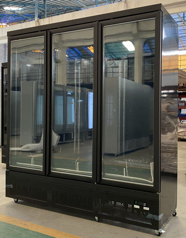 Vertical Refrigeration Equipment Air Cooler for Supermarket Beverage Display Glass Door Bar Three door upright beverage chiller Full black Glass Door