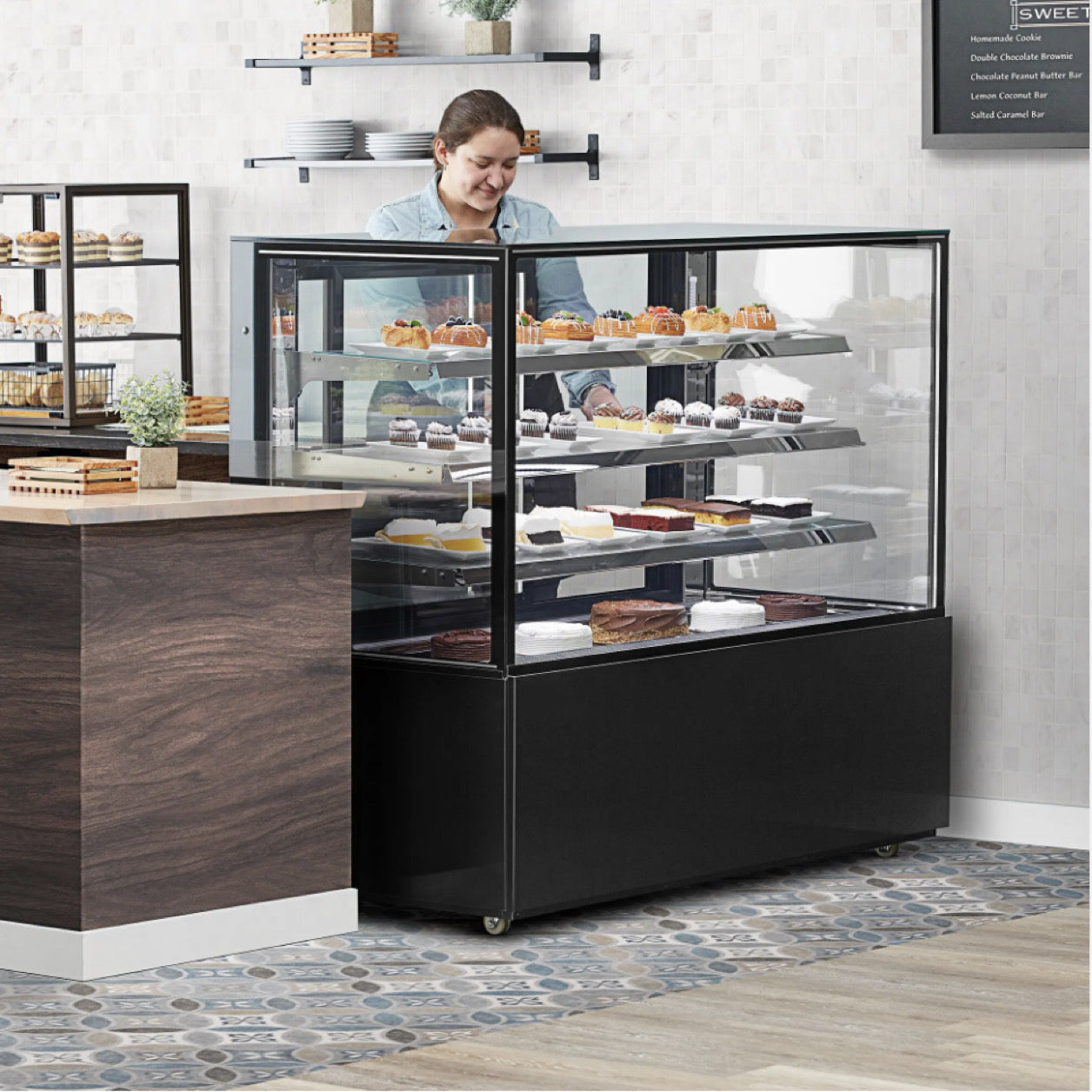 Cake Showcase Three Layers Square Glass Bakery Cake Display Fridge Chiller Commercial Cake Display Freezer Black Marble Bakery Pastry Commercial Single-Temperature Refrigerated Bakery Display Cooler Black Vertical Right Angle Cake Display Cabinet