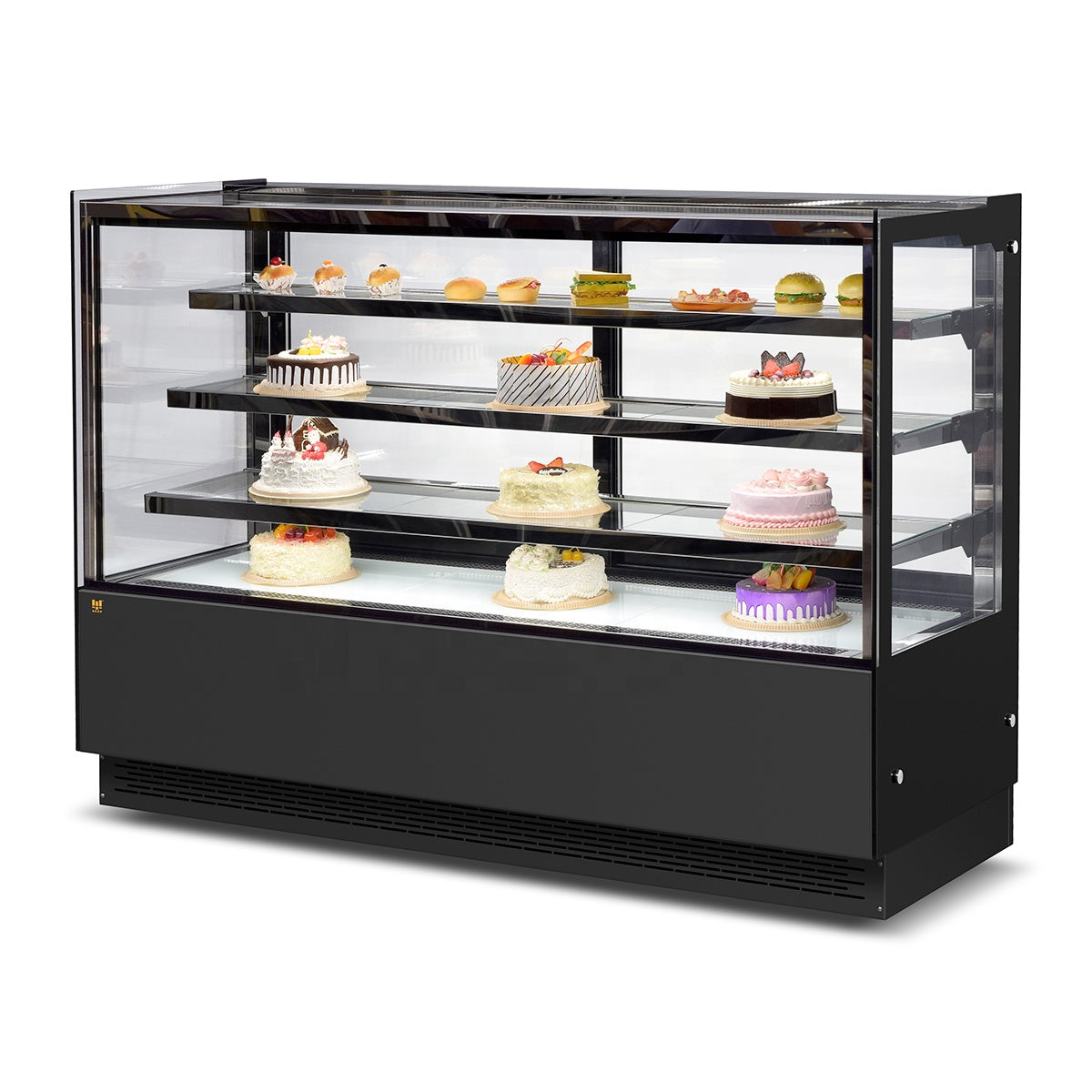 Cake Showcase Three Layers Square Glass Bakery Cake Display Fridge Chiller Commercial Cake Display Freezer Black Marble Bakery Pastry Commercial Single-Temperature Refrigerated Bakery Display Cooler Black Vertical Right Angle Cake Display Cabinet
