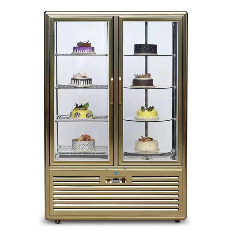 Luxury Black Frame 2 Glass Doors Upright Cake Display Dessert display cooler Refrigerator / Bakery Rotary showcase Cooler 2 Doors Upright Cold Showcase Black Double-Door Cake Cooler