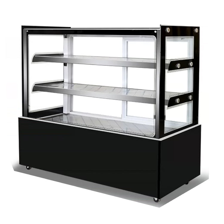 Cake Showcase Three Layers Square Glass Bakery Cake Display Fridge Chiller Commercial Cake Display Freezer Black Marble Bakery Pastry Commercial Single-Temperature Refrigerated Bakery Display Cooler Black Vertical Right Angle Cake Display Cabinet