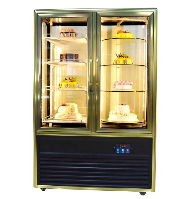 Luxury Black Frame 2 Glass Doors Upright Cake Display Dessert display cooler Refrigerator / Bakery Rotary showcase Cooler 2 Doors Upright Cold Showcase Black Double-Door Cake Cooler