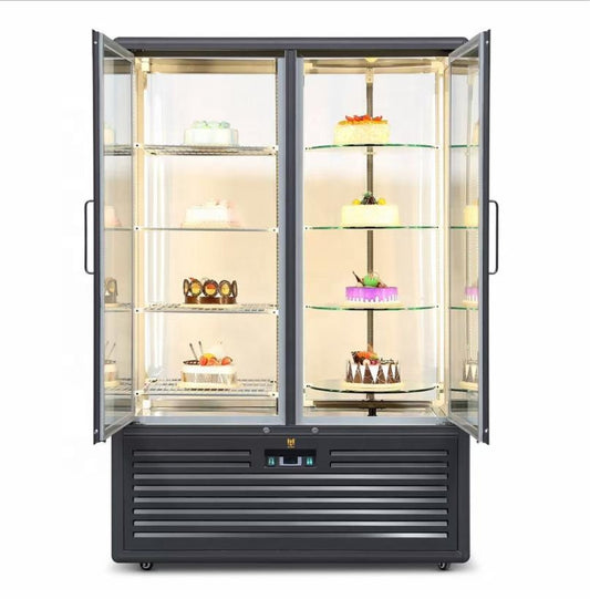 Luxury Black Frame 2 Glass Doors Upright Cake Display Dessert display cooler Refrigerator / Bakery Rotary showcase Cooler 2 Doors Upright Cold Showcase Black Double-Door Cake Cooler