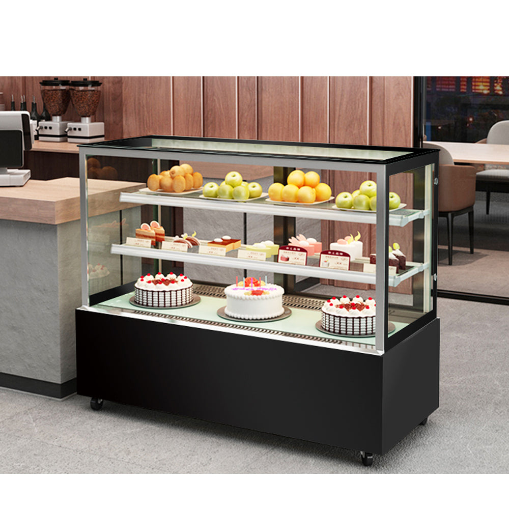 Cake Showcase Three Layers Square Glass Bakery Cake Display Fridge Chiller Commercial Cake Display Freezer Black Marble Bakery Pastry Commercial Single-Temperature Refrigerated Bakery Display Cooler Black Vertical Right Angle Cake Display Cabinet