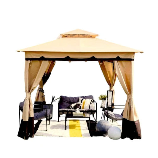 MOST WANTED Delight Gazebo Tent Steel Frame With Polyester Roof  Square Shape Tent With Curtain  Water And Uv Resistant Garden Patio Canopy Modern Outdoor Furniture 2.7X2.7M - Beige