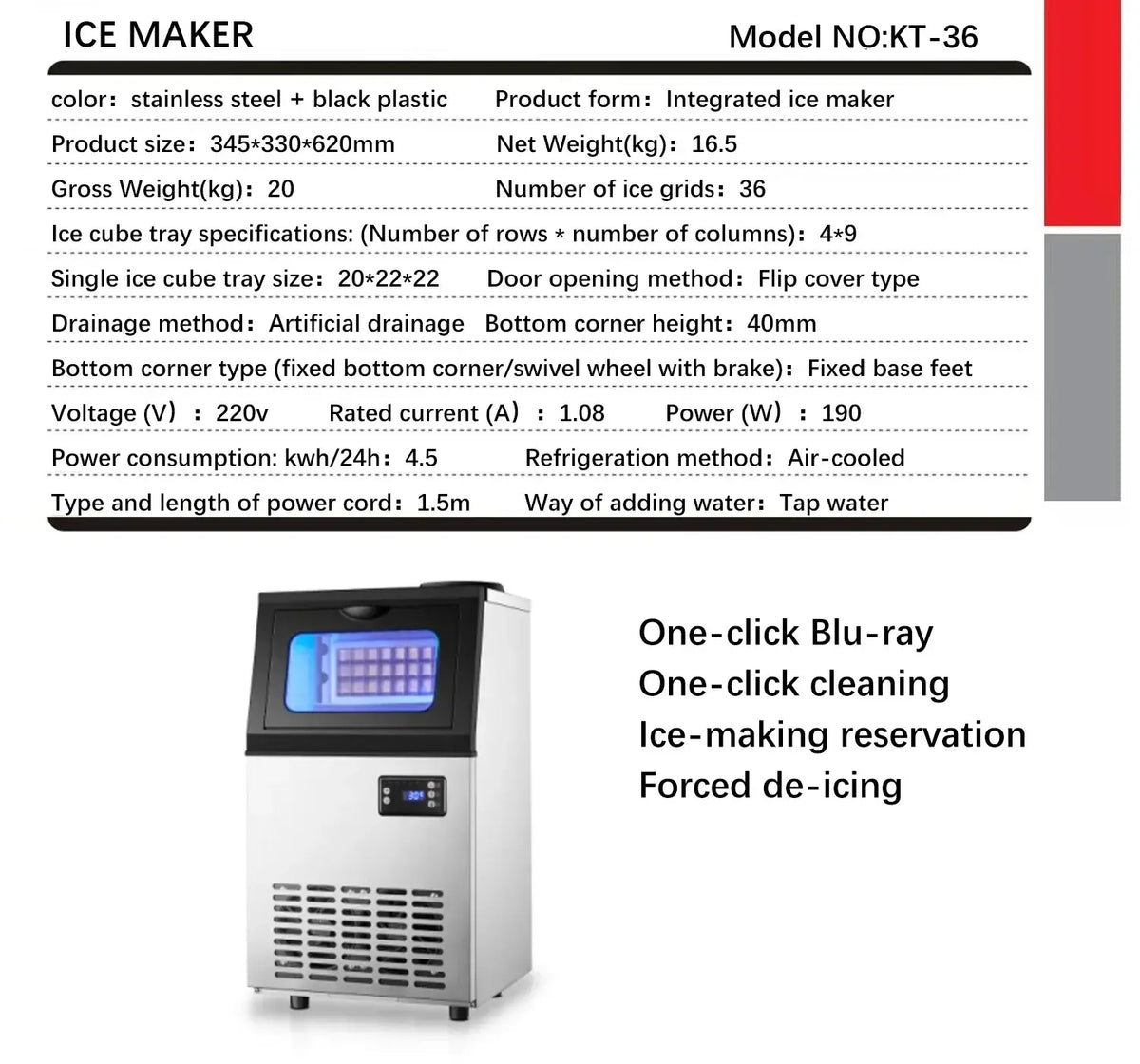 Tap Water Ice Maker Machine, 40-50kg in 24H Stainless Steel Under Counter ice Machine with 15 kg Ice Storage Capacity, Freestanding Ice Maker.