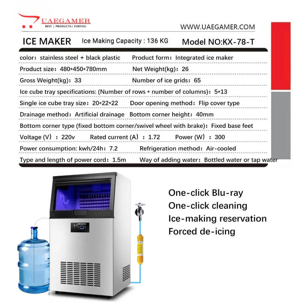 Commercial Ice Maker-120-130KG/day Large Capacity, 65 Ice Cubes are Made in 15 Minutes