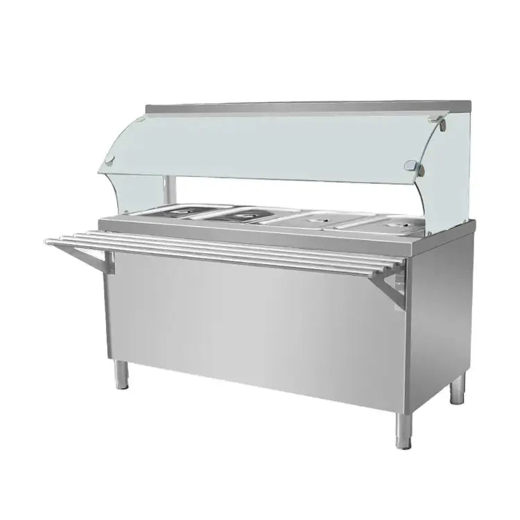 Commercial Bain Marie 4 × 1/1 GN with Open Cabinet & Sneeze Guard | 1.5KW Stainless Steel Food Warmer | Made in UAE