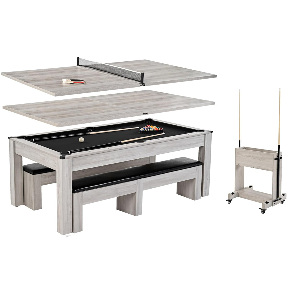 7ft 3-in-1 Convertible Multifunction Billiard Pool Table with Dining Top&Ping Pong Top with Two Stools