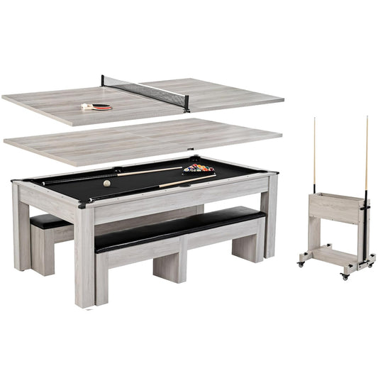 7ft 3-in-1 Convertible Multifunction Billiard Pool Table with Dining Top&Ping Pong Top with Two Stools