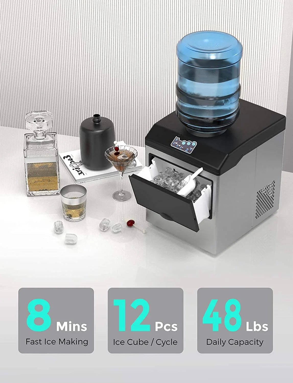 2-in-1 Stainless Steel Ice Maker & Cold Water Dispenser – 48 lbs/Day, 3 Ice Sizes, Self-Cleaning