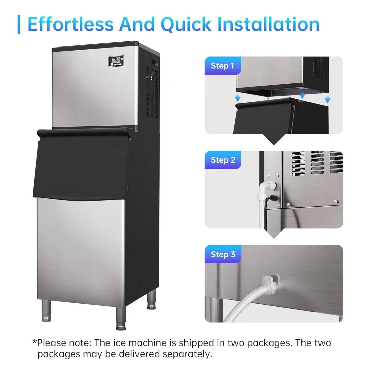 Commercial Ice Maker Machine 250KG/300KG/350KG per 24 Hours – Freestanding Stainless Steel Ice Machine with 220KG Storage for Restaurants, Cafés, Bars & Hotels